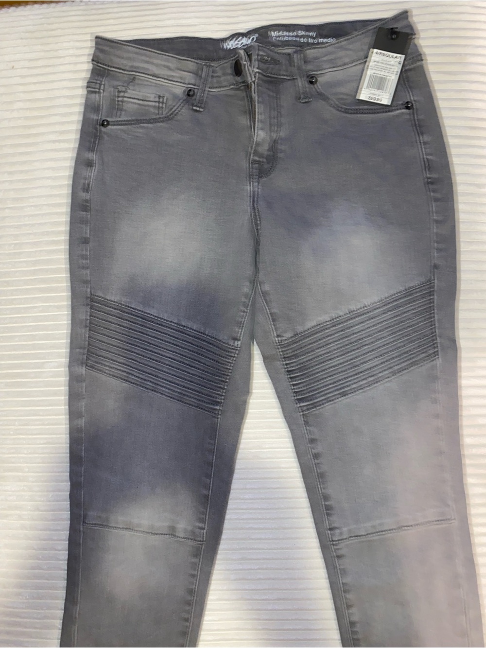 Women's Gray Skinny Moto Jeans - Stretch Ribbed Knee Detail